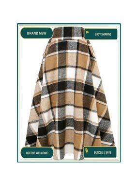 Women's High Waisted Plaid A-Line Long Skirt Side Pockets Ankle Length